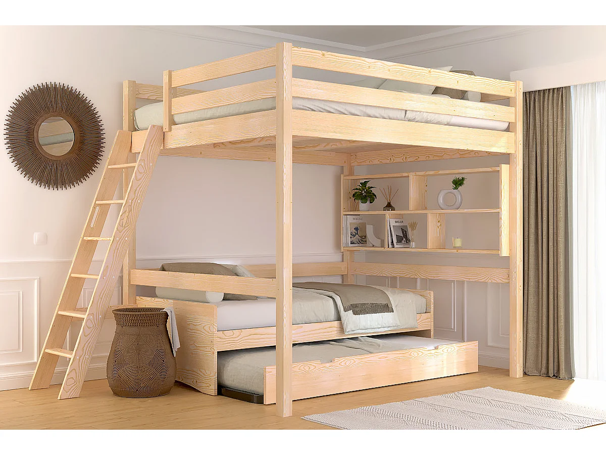Lit mezzanine 2 places bois Sylvia 160x200 échelle inclinée, Vernis Naturel
