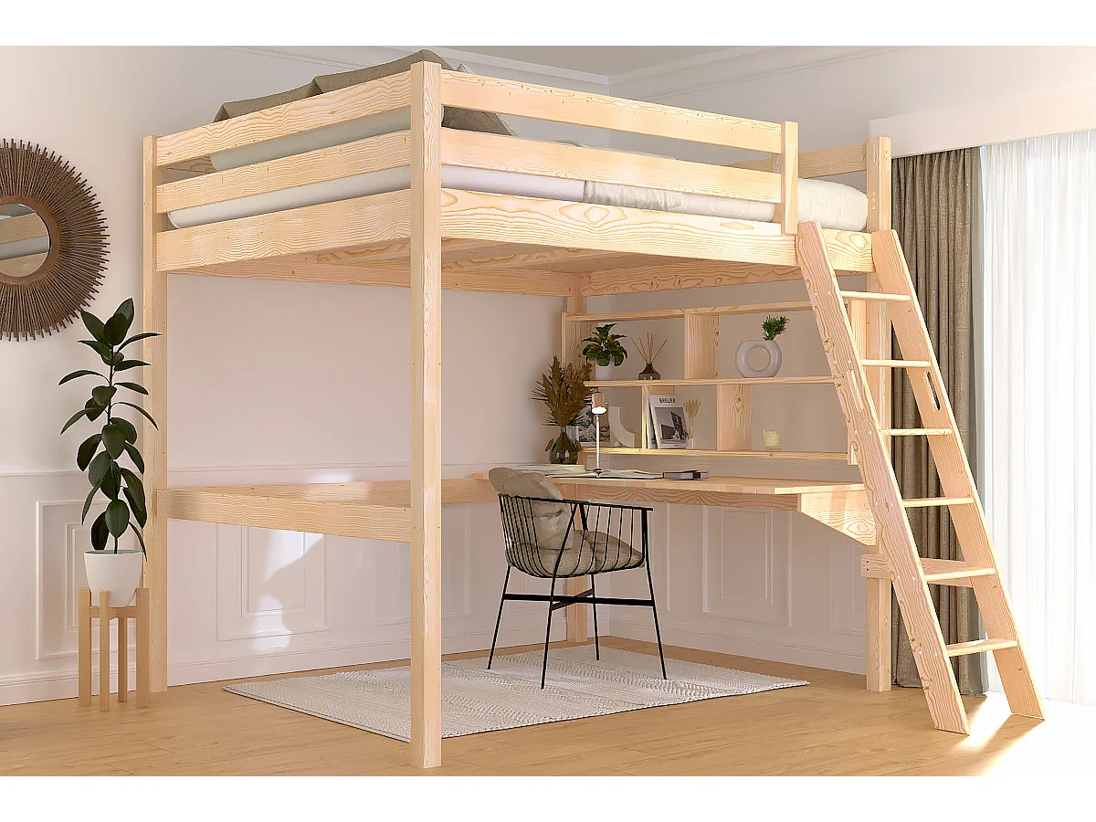 Lit mezzanine 2 places bois Sylvia 160x200 échelle inclinée, Vernis Naturel