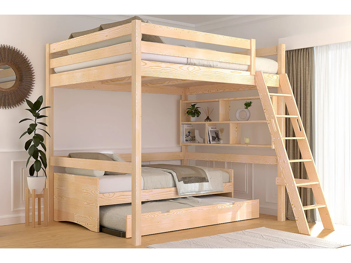 Lit mezzanine 2 places bois Sylvia 160x200 échelle inclinée, Vernis Naturel