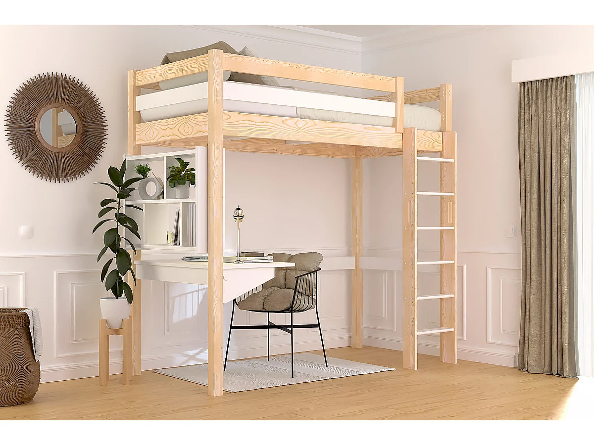 Lit en hauteur 1 place bois Sylvia 90x200 échelle droite, Vernis naturel/Blanc