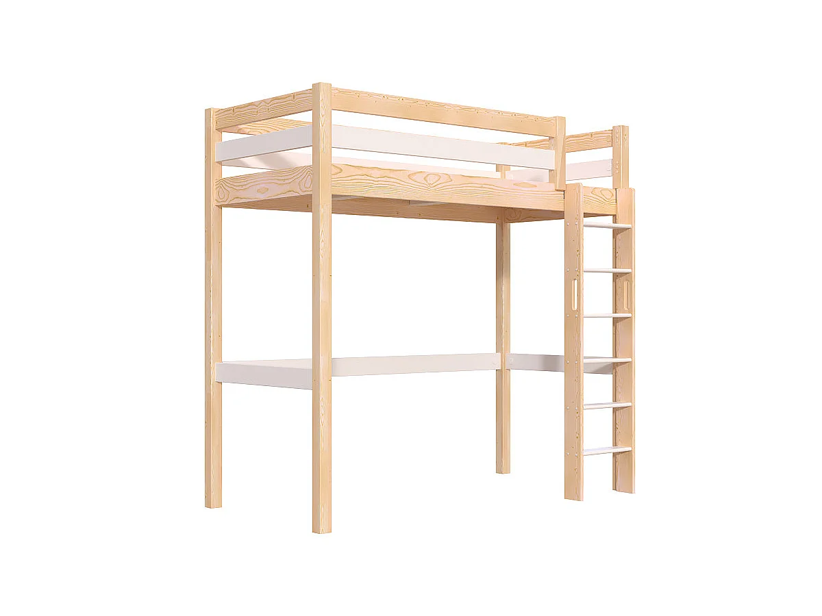 Lit en hauteur 1 place bois Sylvia 90x200 échelle droite, Vernis naturel/Blanc
