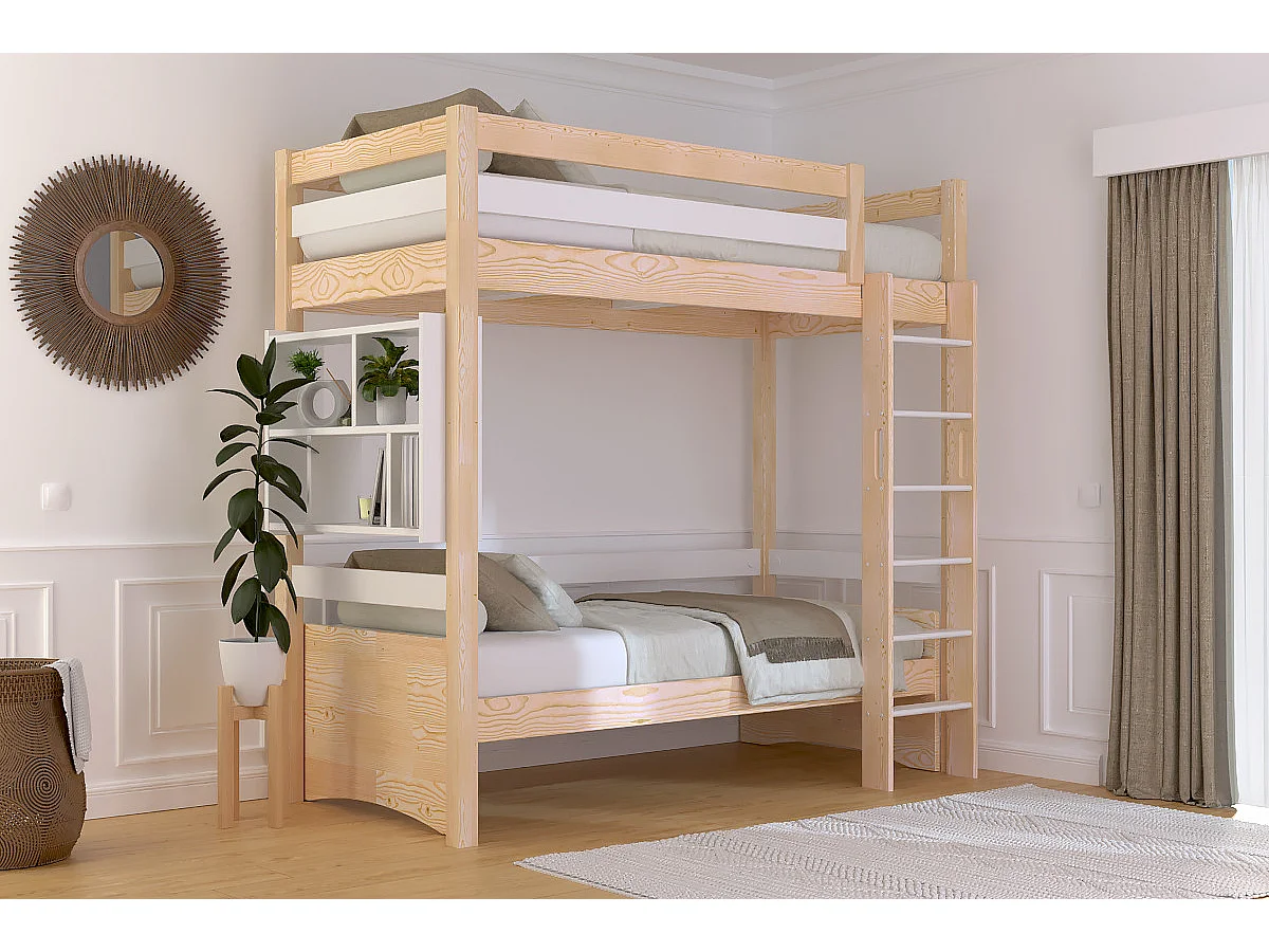 Lit en hauteur 1 place bois Sylvia 90x200 échelle droite, Vernis naturel/Blanc