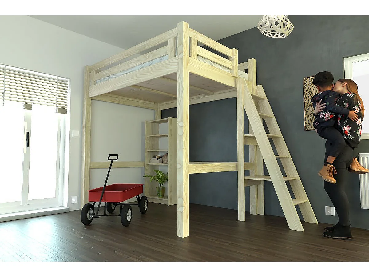 Lit Mezzanine adulte 140x200 bois + échelle hauteur réglable Alpage, Brut (sans vernis)