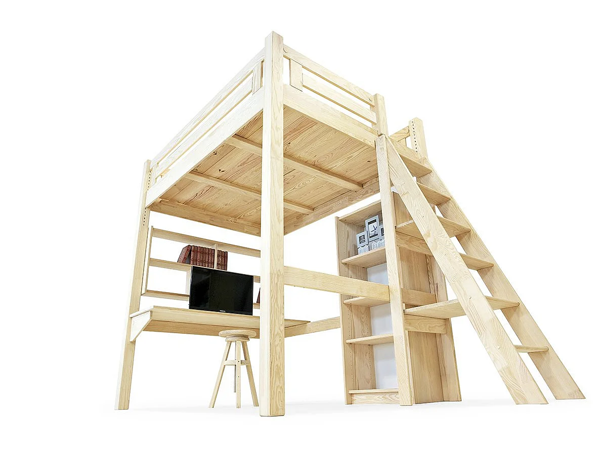 Lit Mezzanine adulte 140x200 bois + échelle hauteur réglable Alpage, Brut (sans vernis)