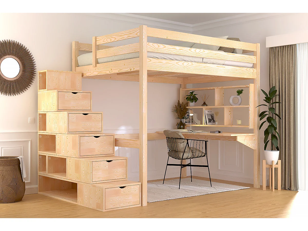 Lit mezzanine bois 140x200 Sylvia avec escalier cube, Brut (sans vernis)