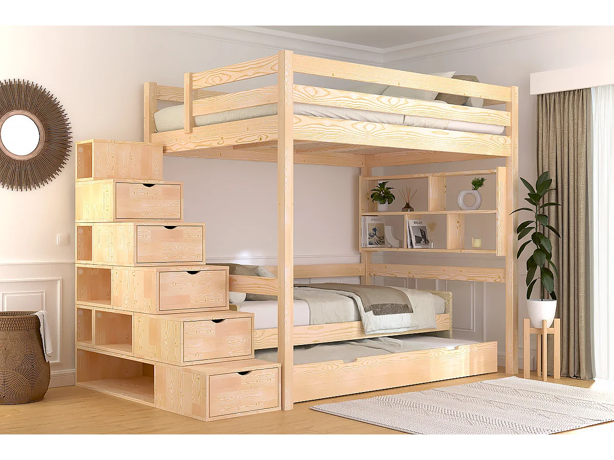 Lit mezzanine bois 140x200 Sylvia avec escalier cube, Brut (sans vernis)