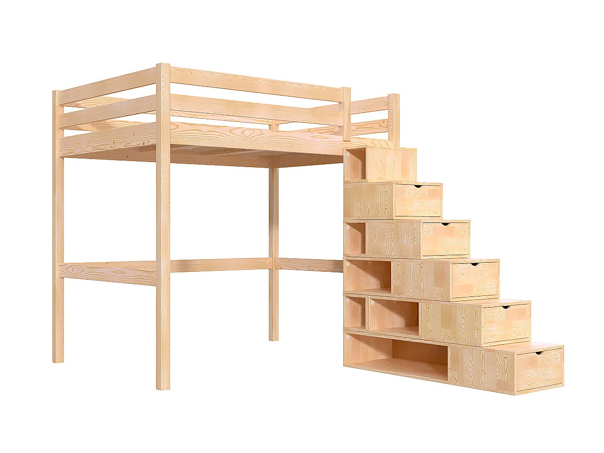 Lit mezzanine bois 140x200 Sylvia avec escalier cube, Brut (sans vernis)