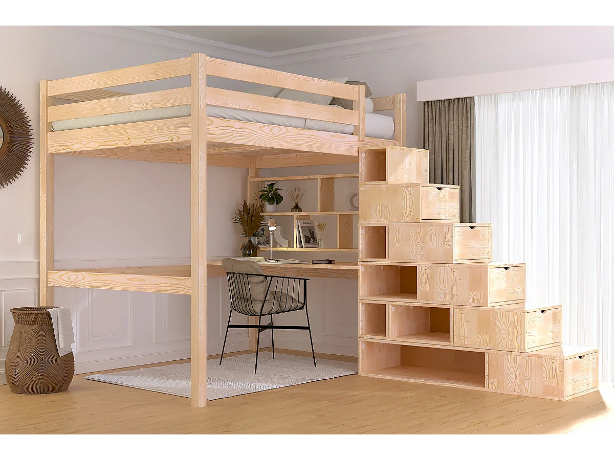 Lit mezzanine bois 140x200 Sylvia avec escalier cube, Brut (sans vernis)
