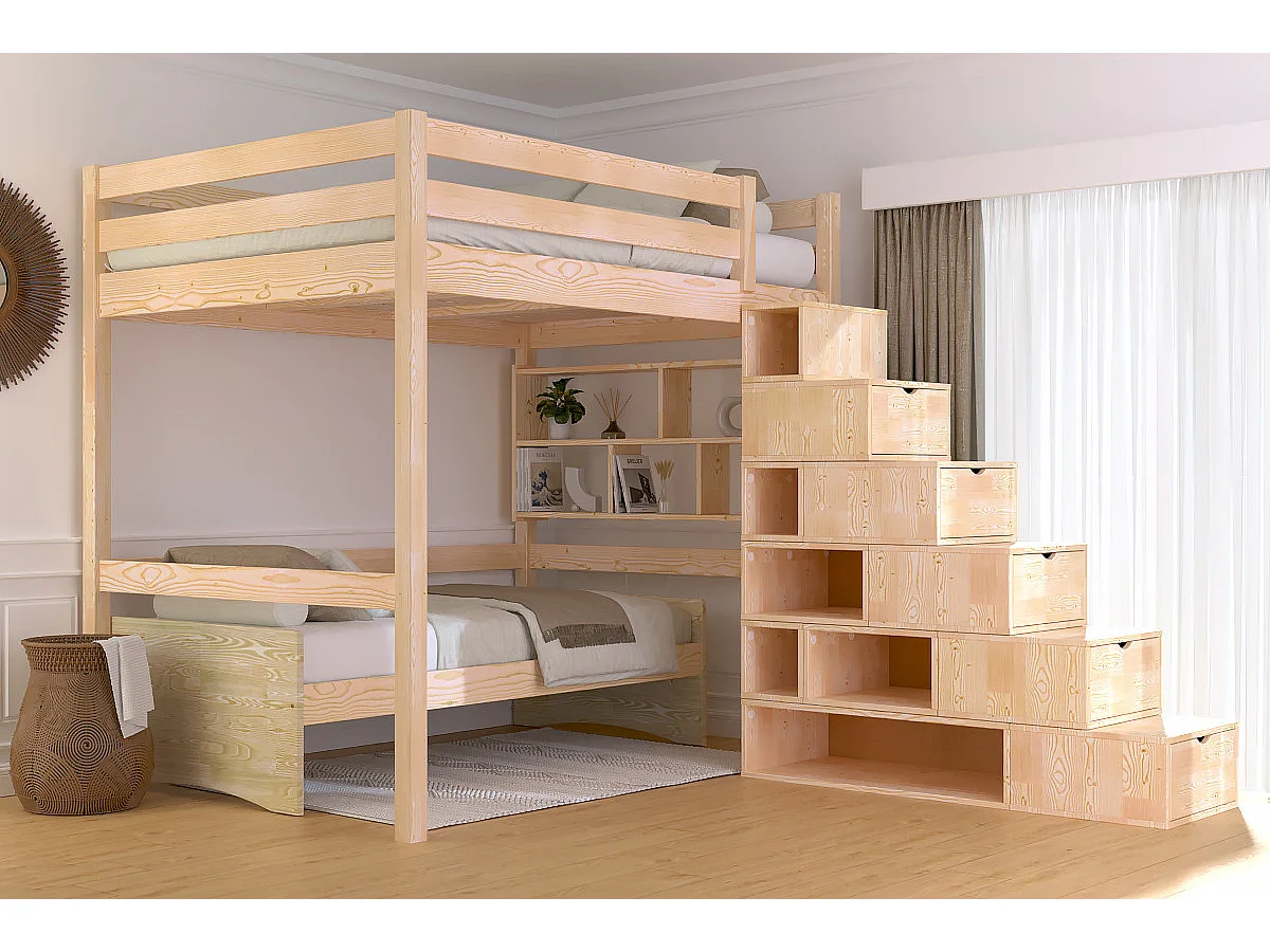 Lit mezzanine bois 140x200 Sylvia avec escalier cube, Brut (sans vernis)