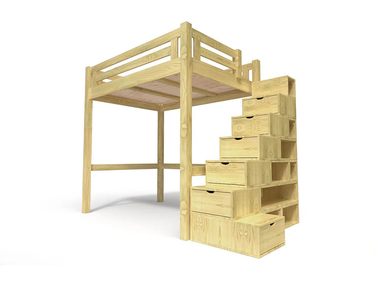 Lit Mezzanine adulte bois 120x200 Alpage hauteur réglable + escalier cube, Miel