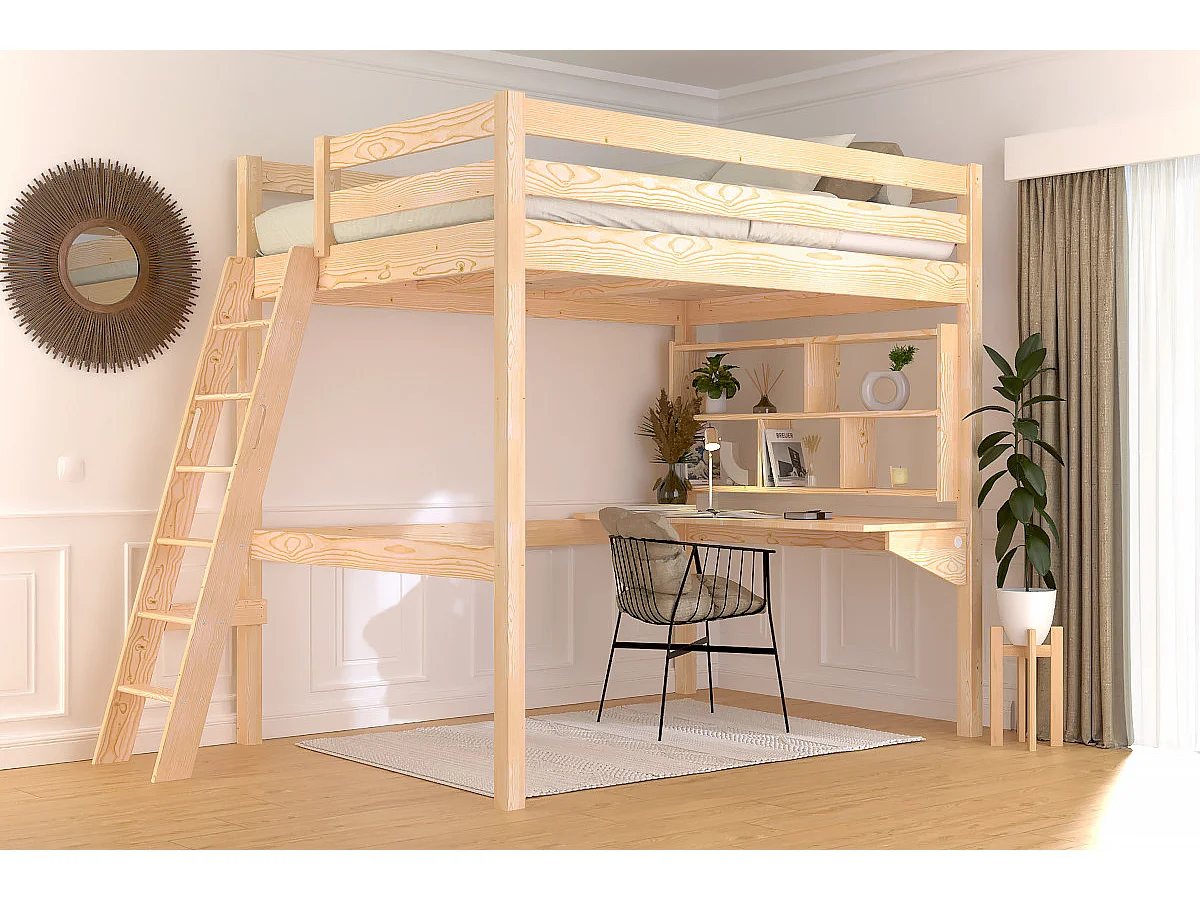 Lit mezzanine 2 places bois Sylvia 140x190 échelle inclinée, Vernis Naturel