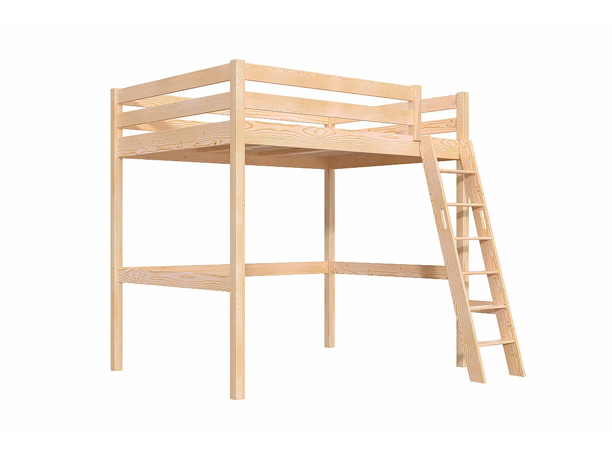 Lit mezzanine 2 places bois Sylvia 140x190 échelle inclinée, Vernis Naturel