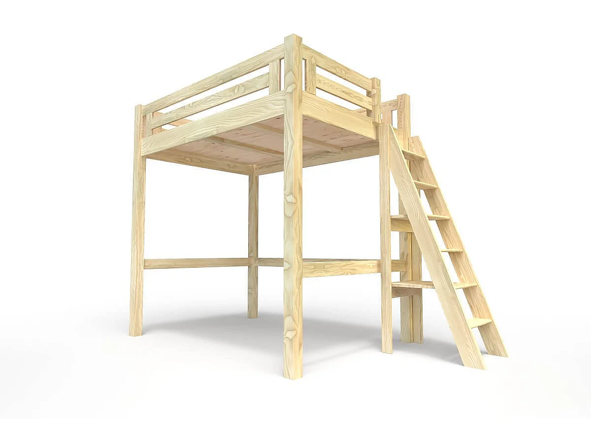 Lit Mezzanine adulte 120x200 bois + échelle hauteur réglable Alpage, Brut (sans vernis)