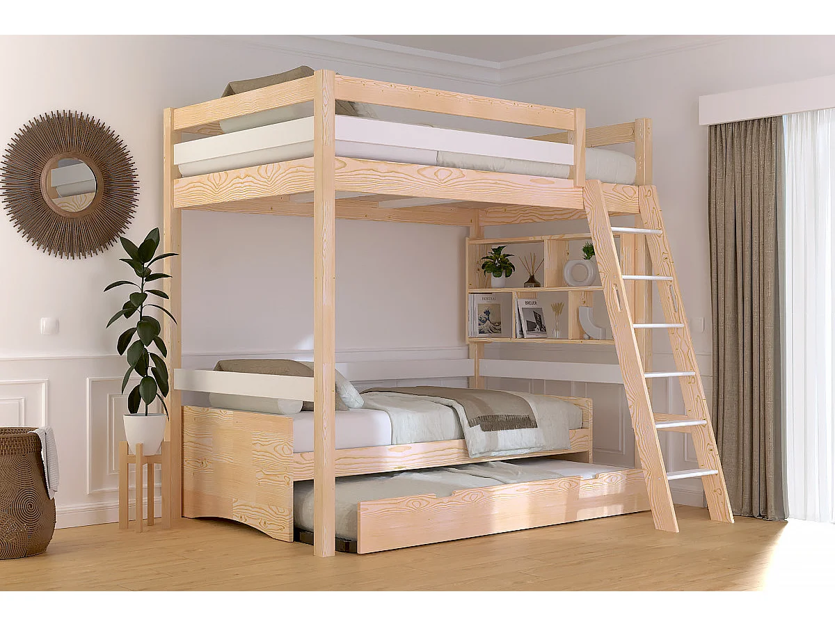Lit mezzanine 1 place bois Sylvia 120x200 échelle inclinée, Vernis naturel/Blanc
