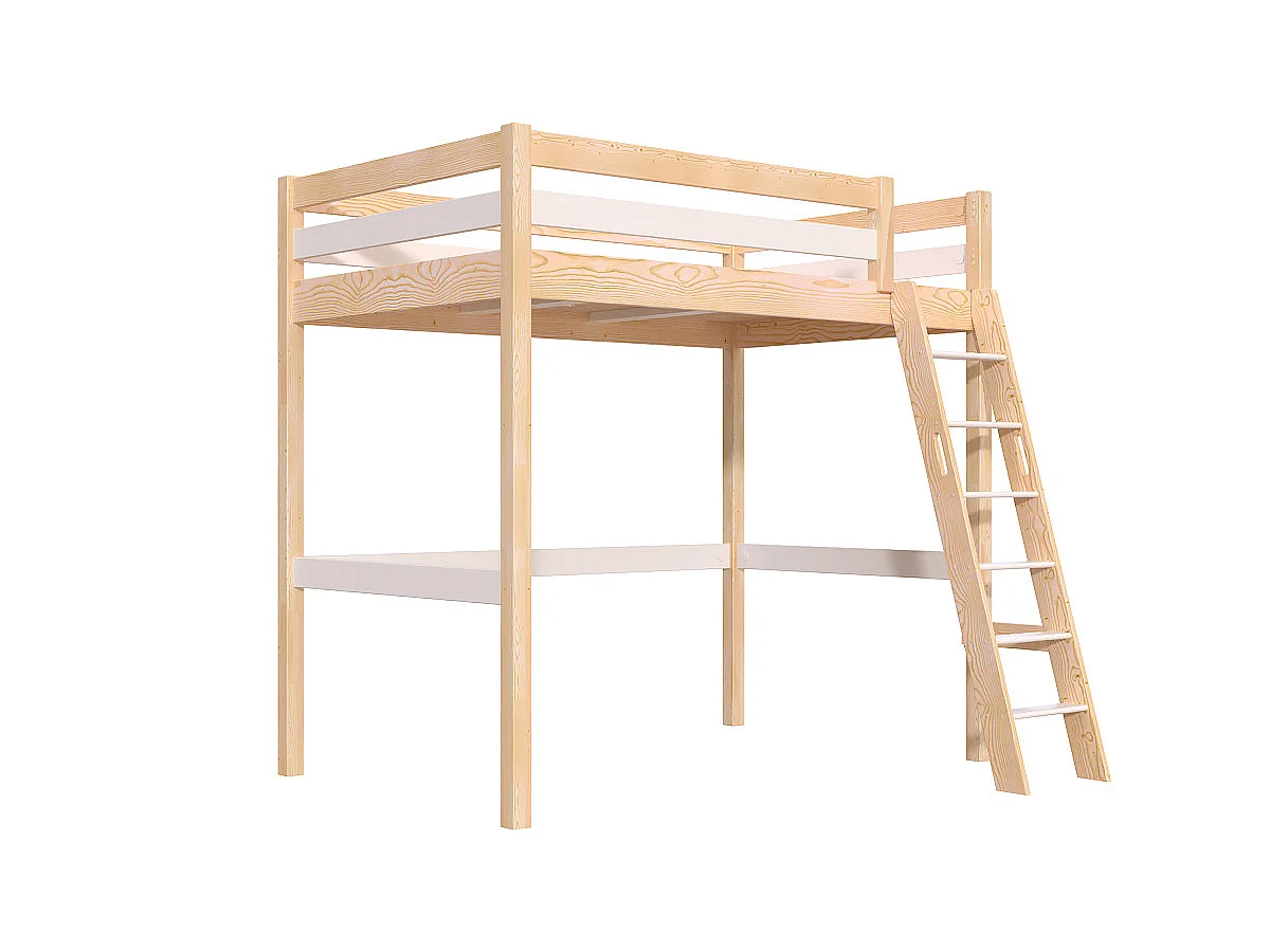 Lit mezzanine 1 place bois Sylvia 120x200 échelle inclinée, Vernis naturel/Blanc