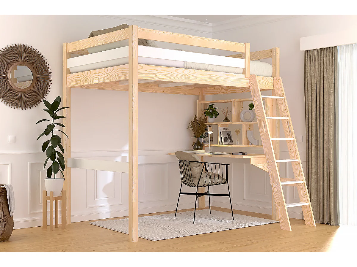 Lit mezzanine 1 place bois Sylvia 120x200 échelle inclinée, Vernis naturel/Blanc