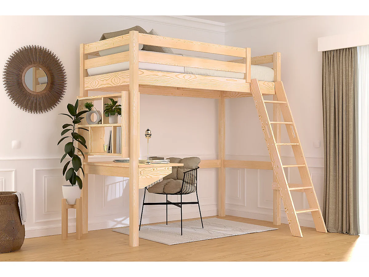 Lit mezzanine 1 place bois Sylvia 90x200 échelle inclinée, Vernis Naturel