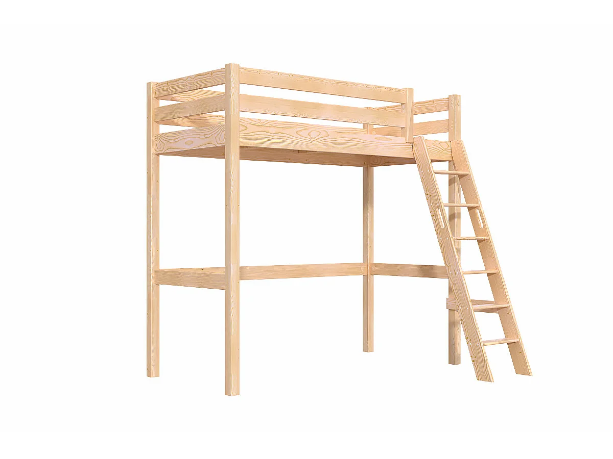 Lit mezzanine 1 place bois Sylvia 90x200 échelle inclinée, Vernis Naturel