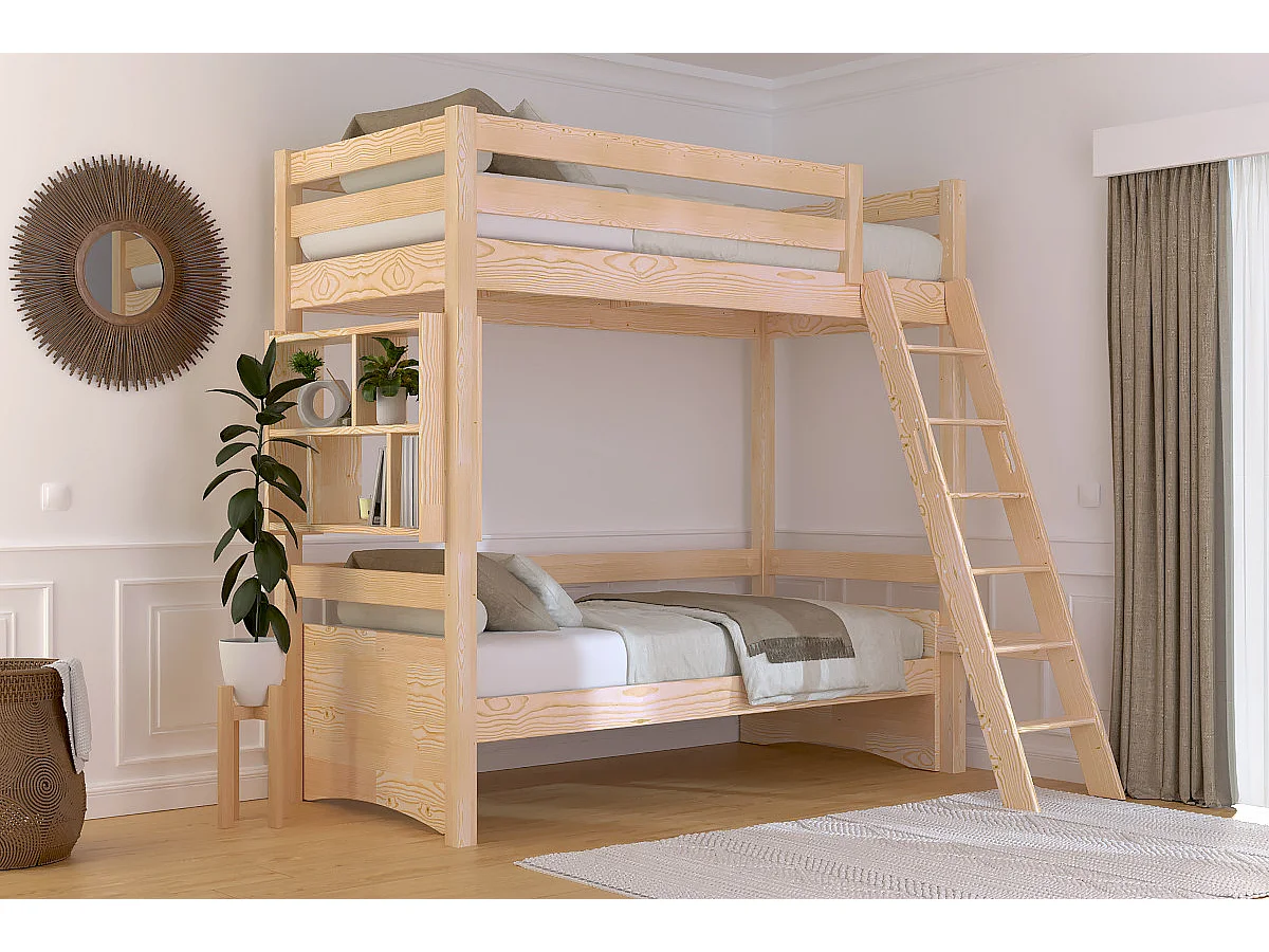 Lit mezzanine 1 place bois Sylvia 90x200 échelle inclinée, Vernis Naturel