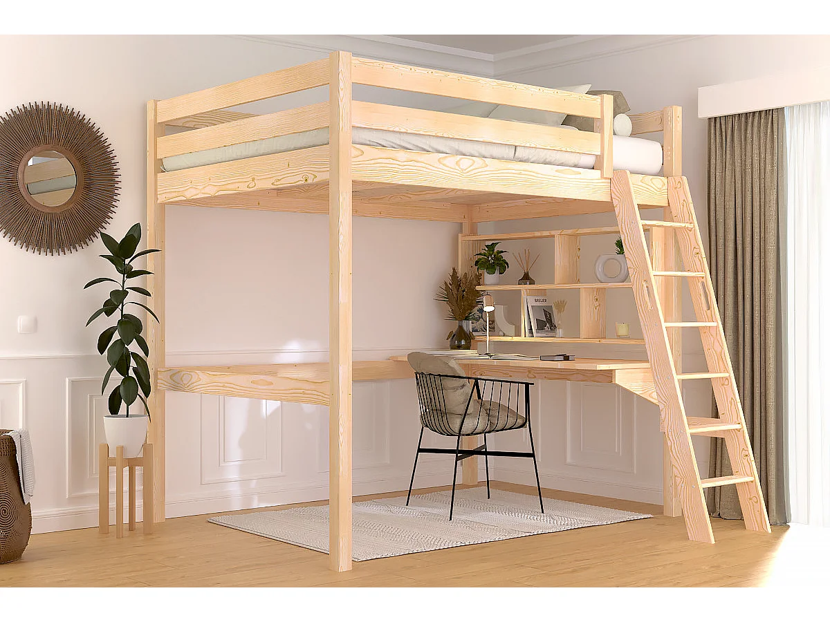 Lit mezzanine 2 places bois Sylvia 140x190 échelle inclinée, Brut (sans vernis)