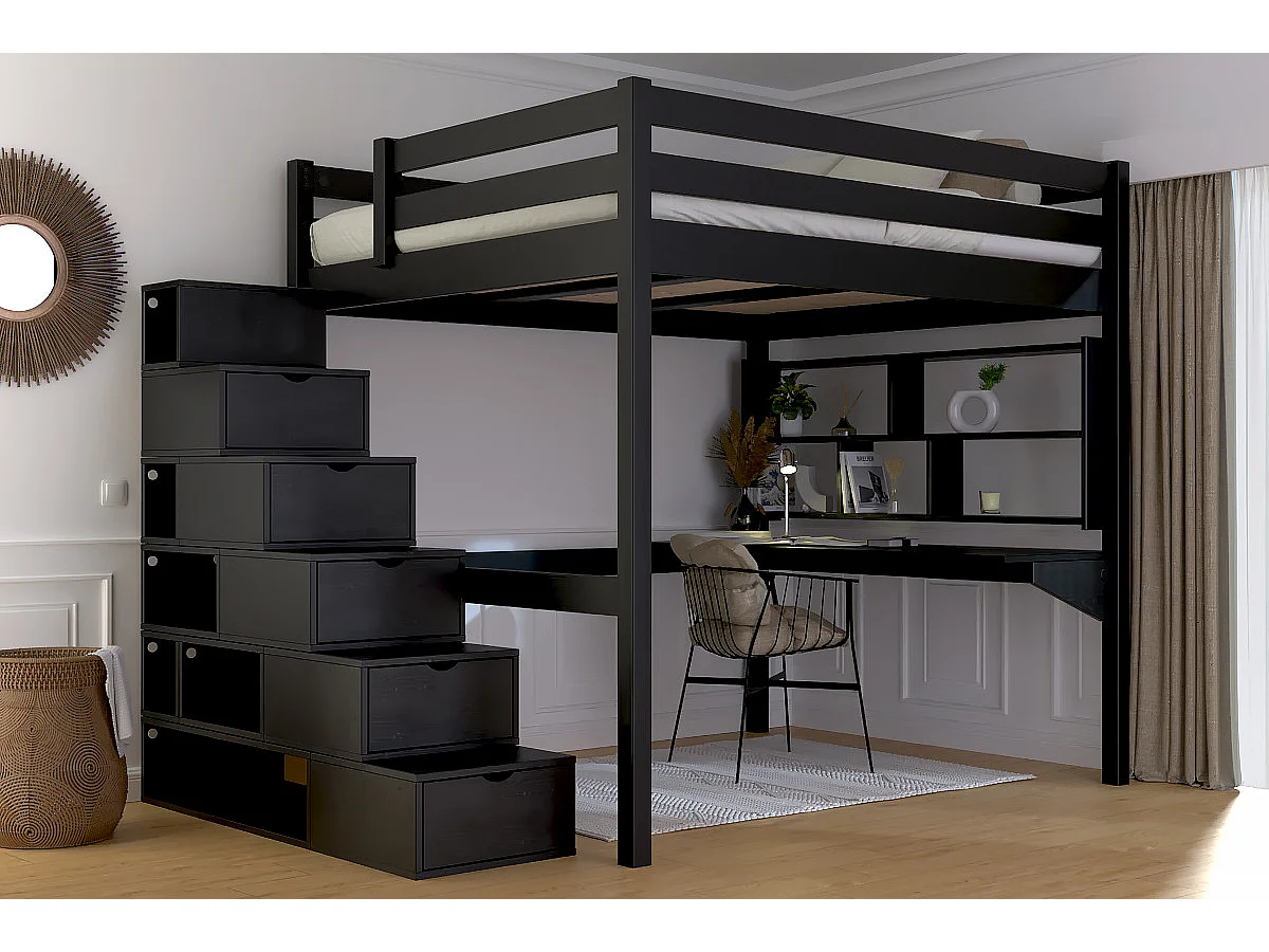 Lit Mezzanine bois 160x200 avec escalier cube Sylvia, Noir