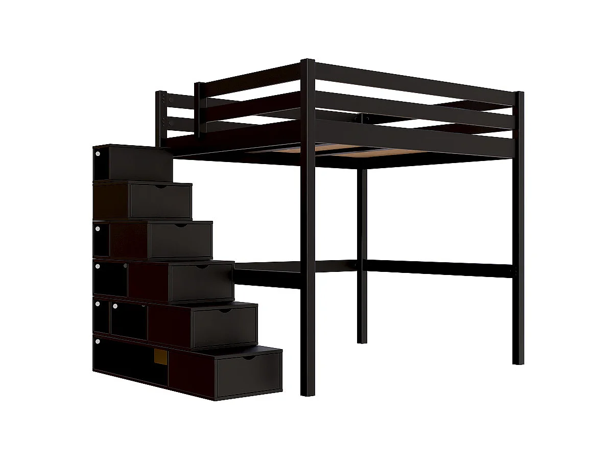 Lit Mezzanine bois 160x200 avec escalier cube Sylvia, Noir