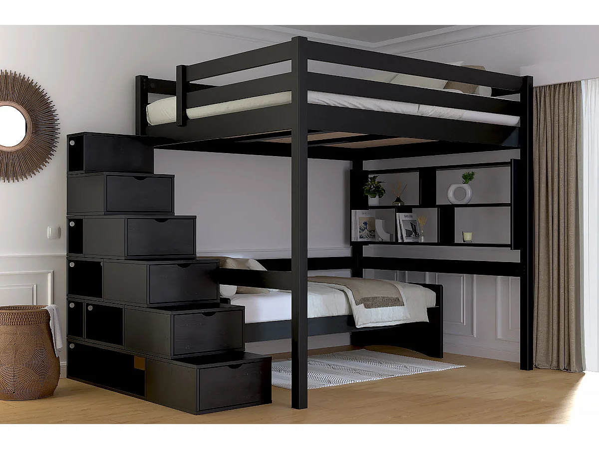 Lit Mezzanine bois 160x200 avec escalier cube Sylvia, Noir