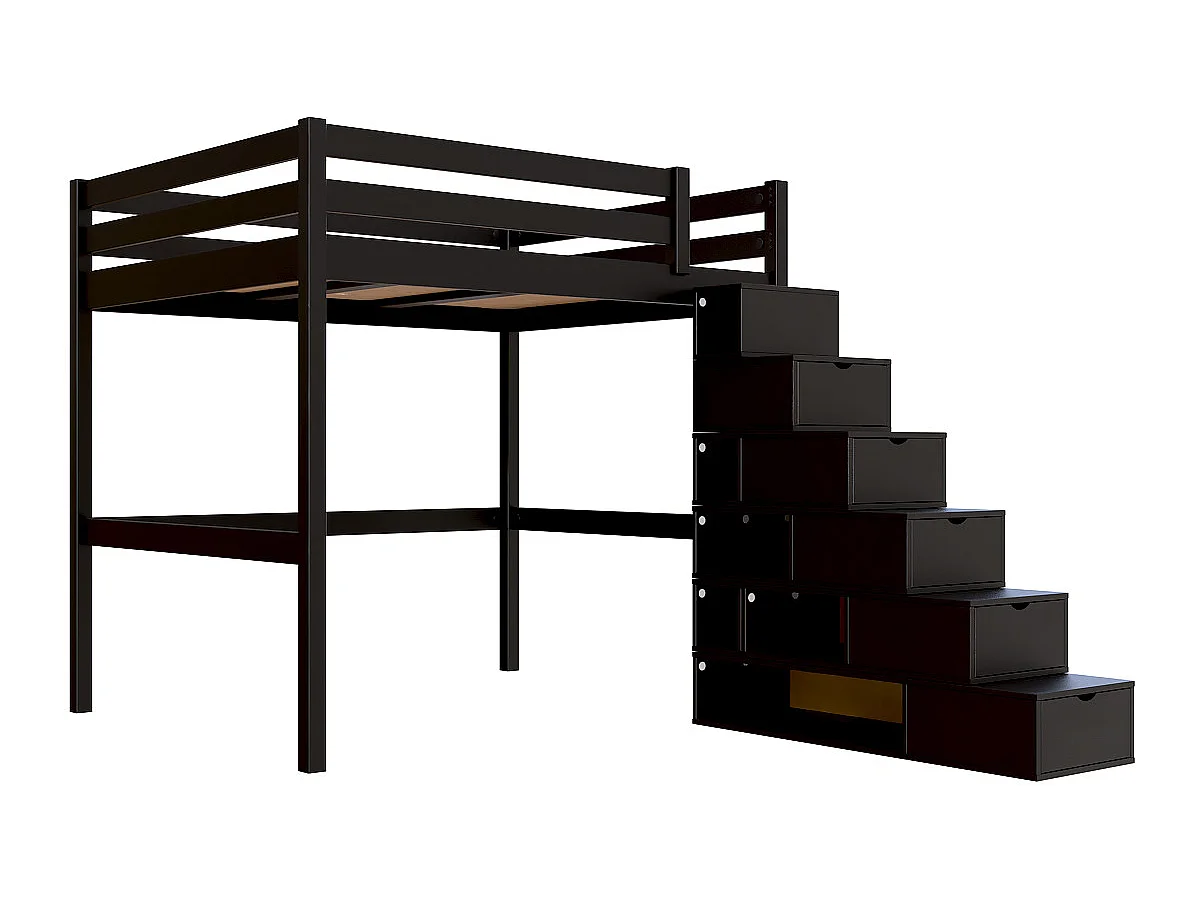 Lit Mezzanine bois 160x200 avec escalier cube Sylvia, Noir