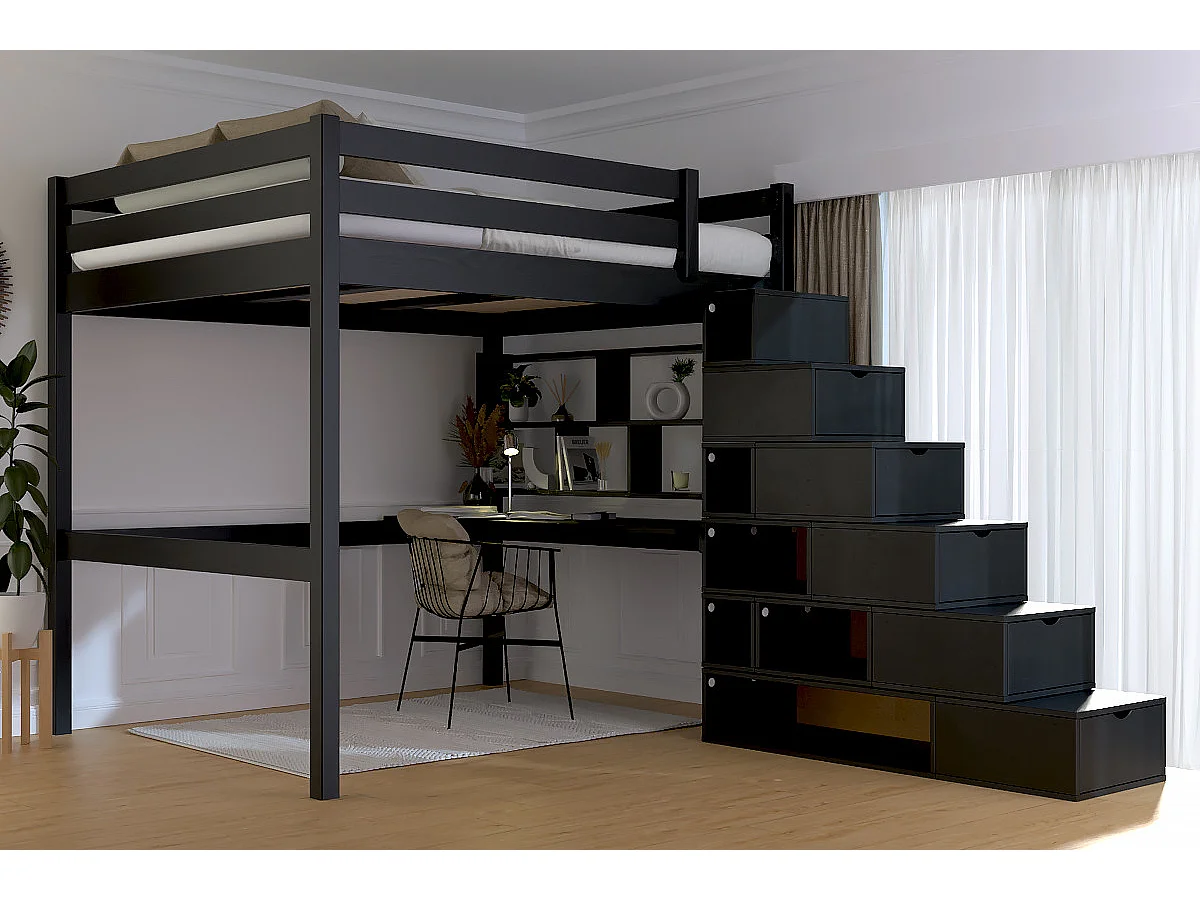 Lit Mezzanine bois 160x200 avec escalier cube Sylvia, Noir