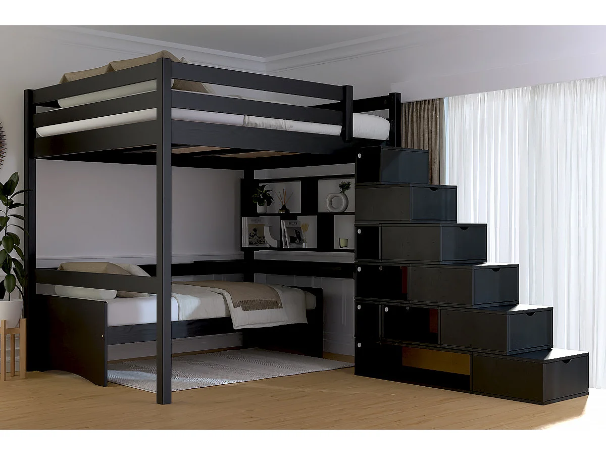 Lit Mezzanine bois 160x200 avec escalier cube Sylvia, Noir