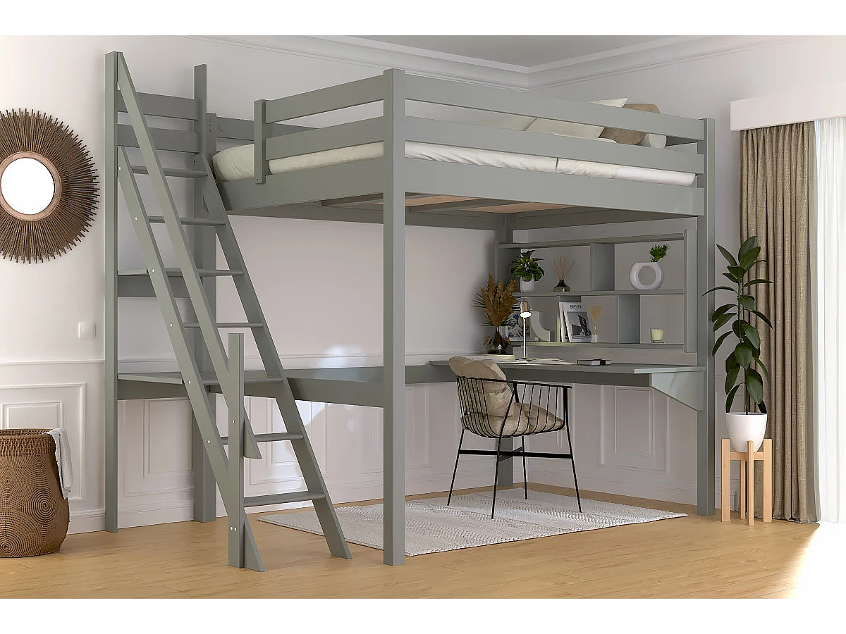 Lit mezzanine bois 140x200 Sylvia avec escalier de meunier, Gris