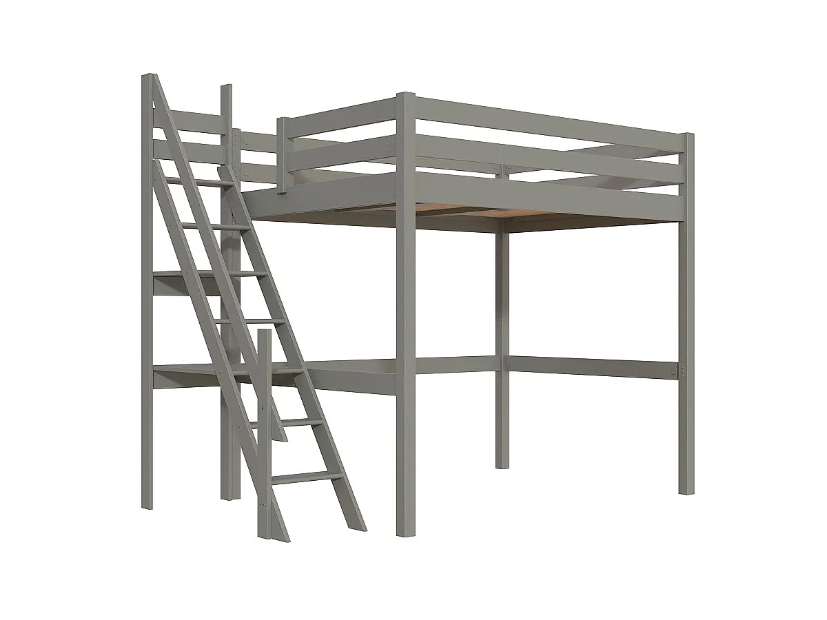 Lit mezzanine bois 140x200 Sylvia avec escalier de meunier, Gris