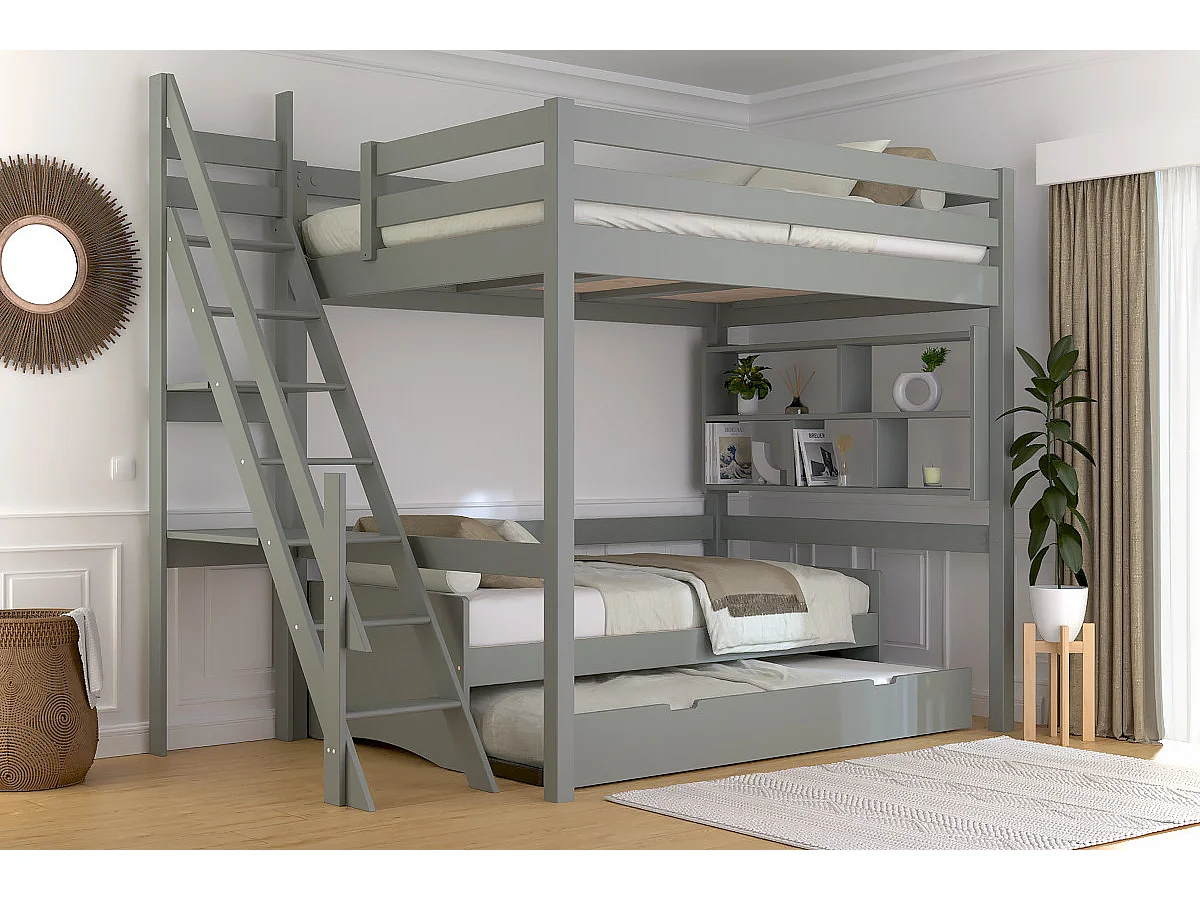 Lit mezzanine bois 140x200 Sylvia avec escalier de meunier, Gris