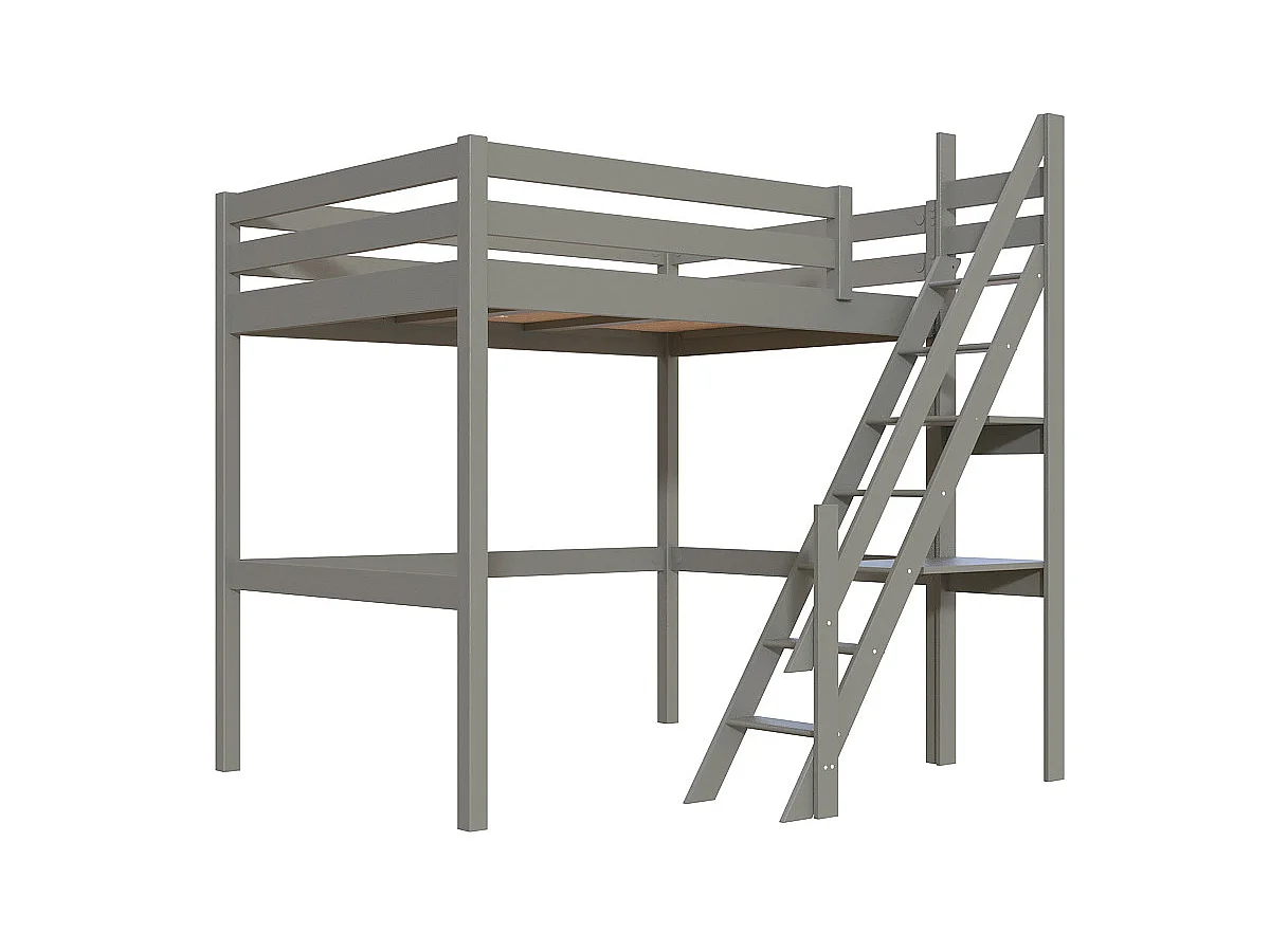 Lit mezzanine bois 140x200 Sylvia avec escalier de meunier, Gris