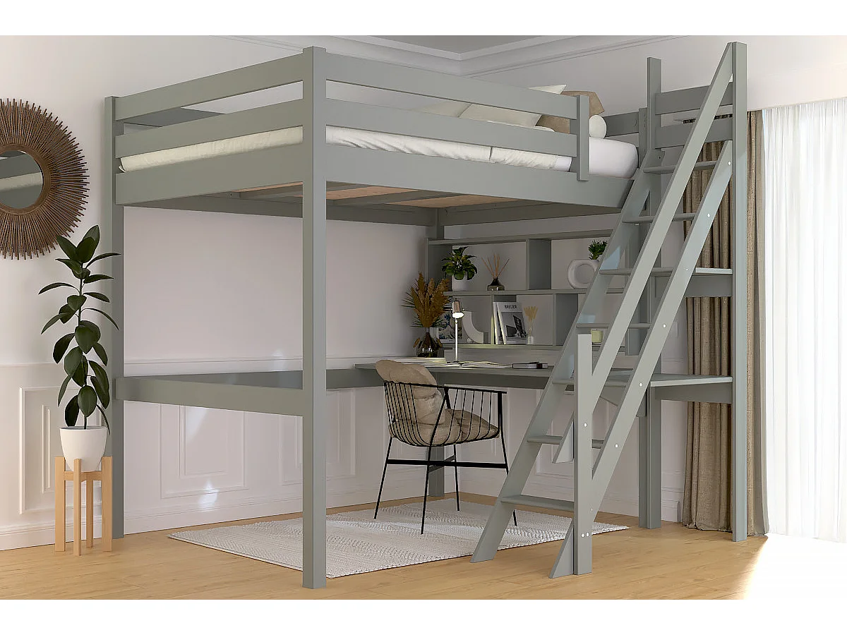 Lit mezzanine bois 140x200 Sylvia avec escalier de meunier, Gris