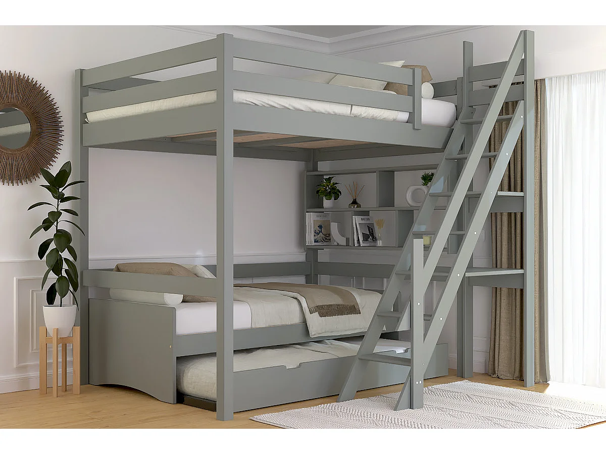 Lit mezzanine bois 140x200 Sylvia avec escalier de meunier, Gris