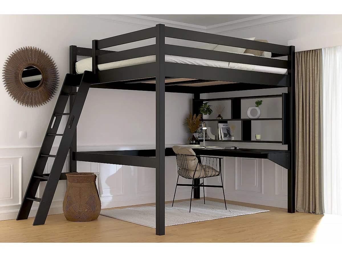 Lit mezzanine 2 places bois Sylvia 160x200 échelle inclinée, Noir