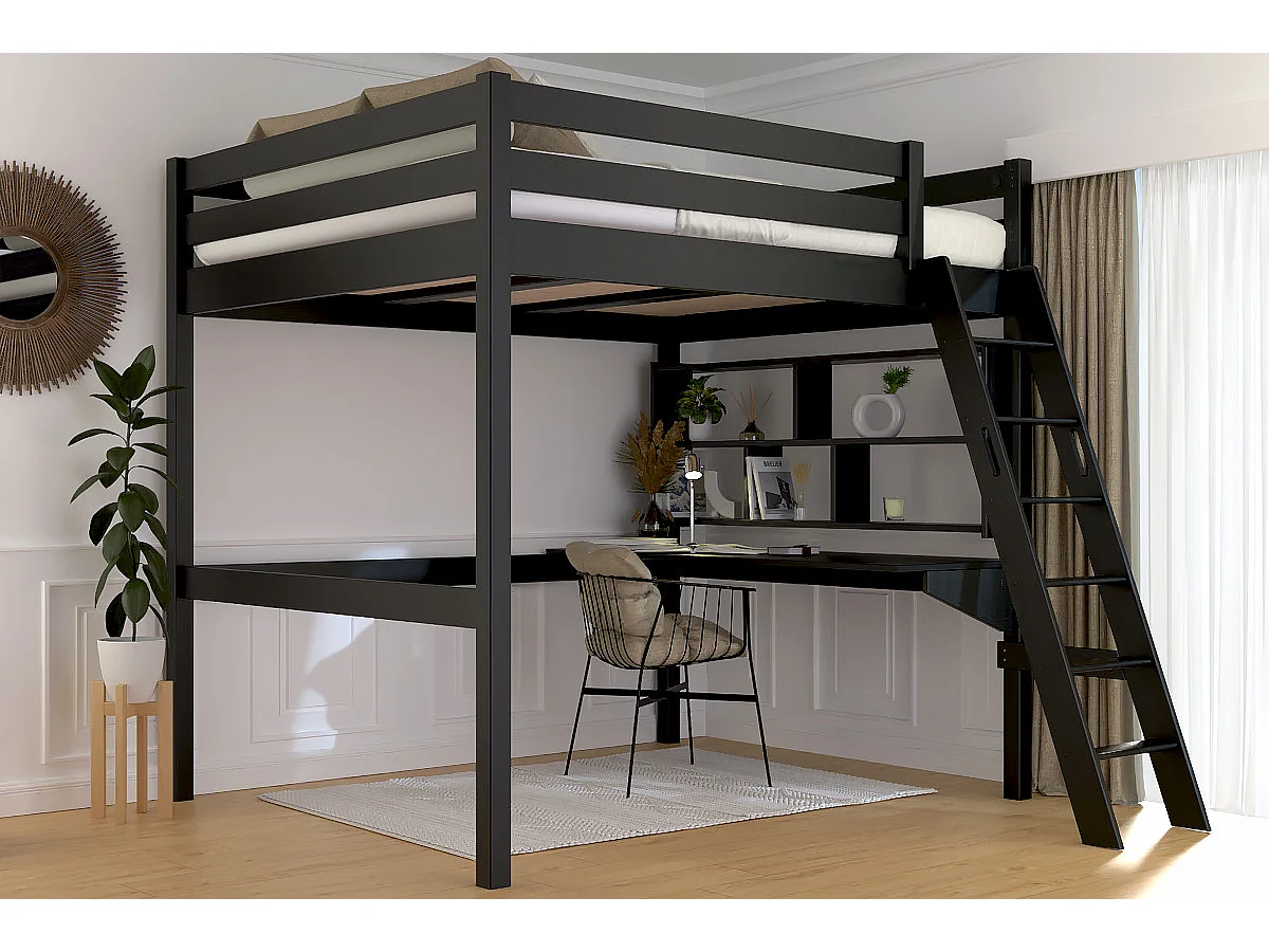 Lit mezzanine 2 places bois Sylvia 160x200 échelle inclinée, Noir