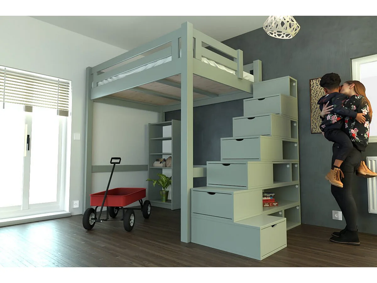 Lit Mezzanine adulte bois 160x200 Alpage hauteur réglable + escalier cube, Gris