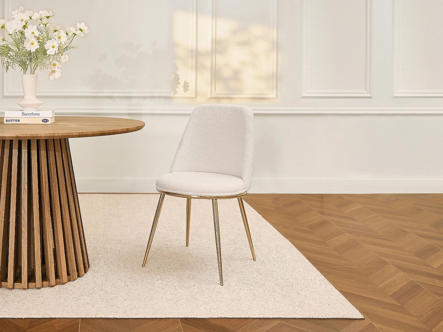 Lot de 6 chaises en tissu bouclette et métal doré - Blanc - NEBINA
