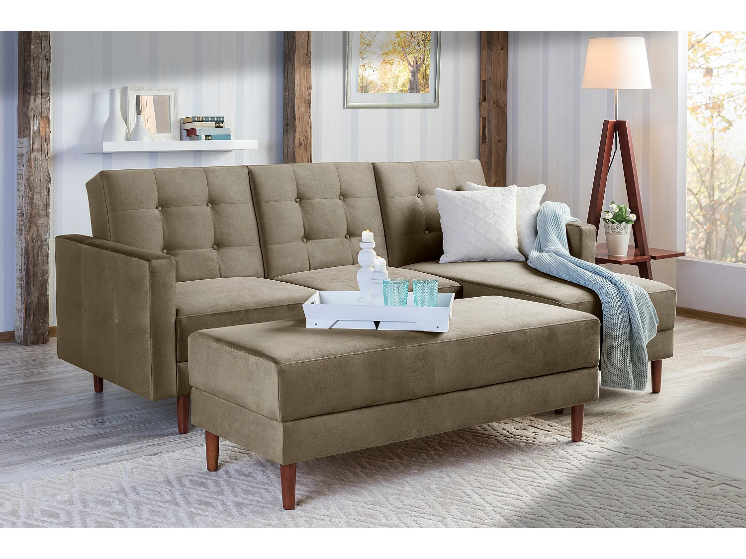 Funktionssofa mit Hocker - Samtvelours - sahara - Easy Relax