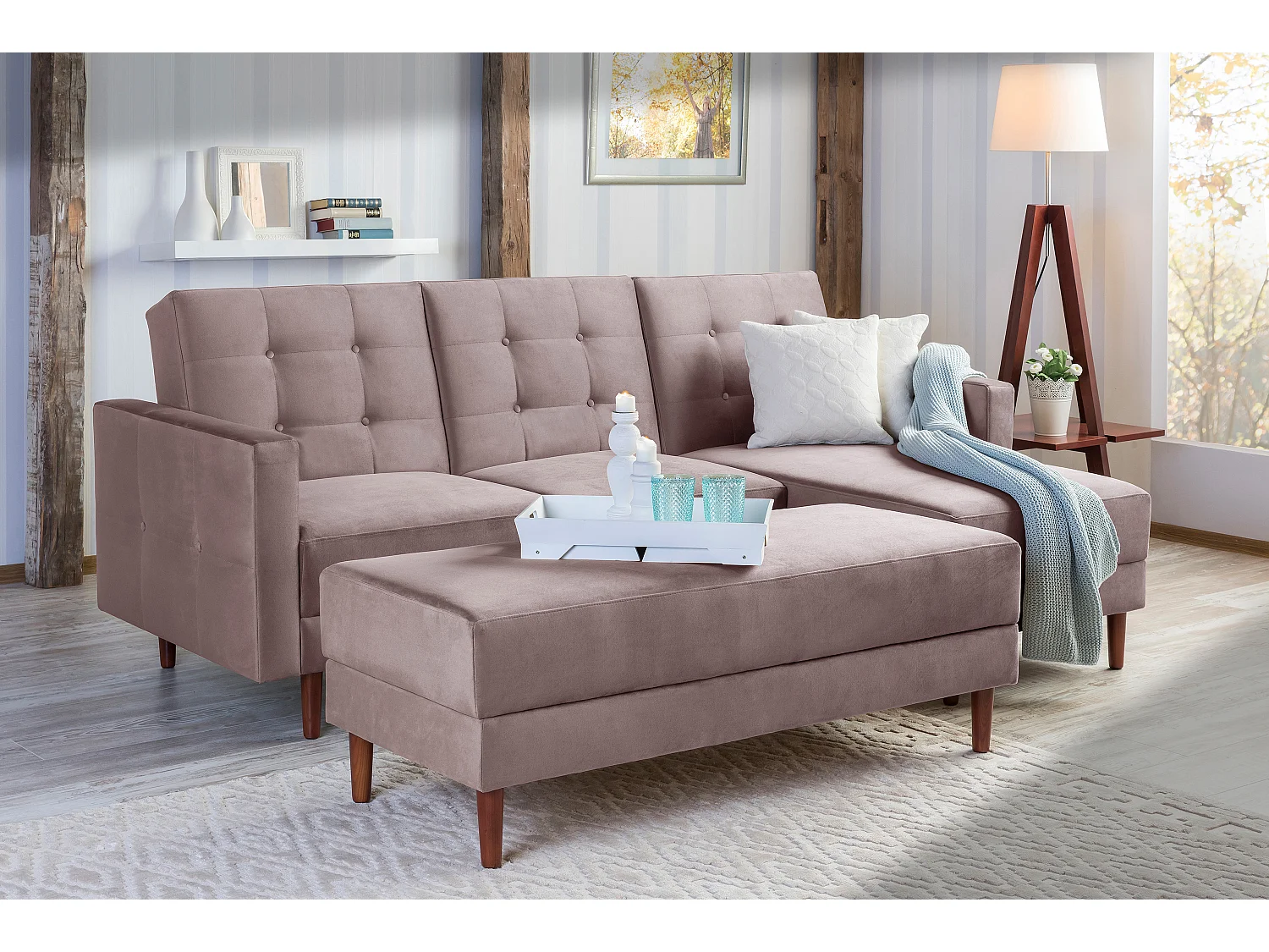 Funktionssofa mit Hocker - Samtvelours - rosé - Easy Relax