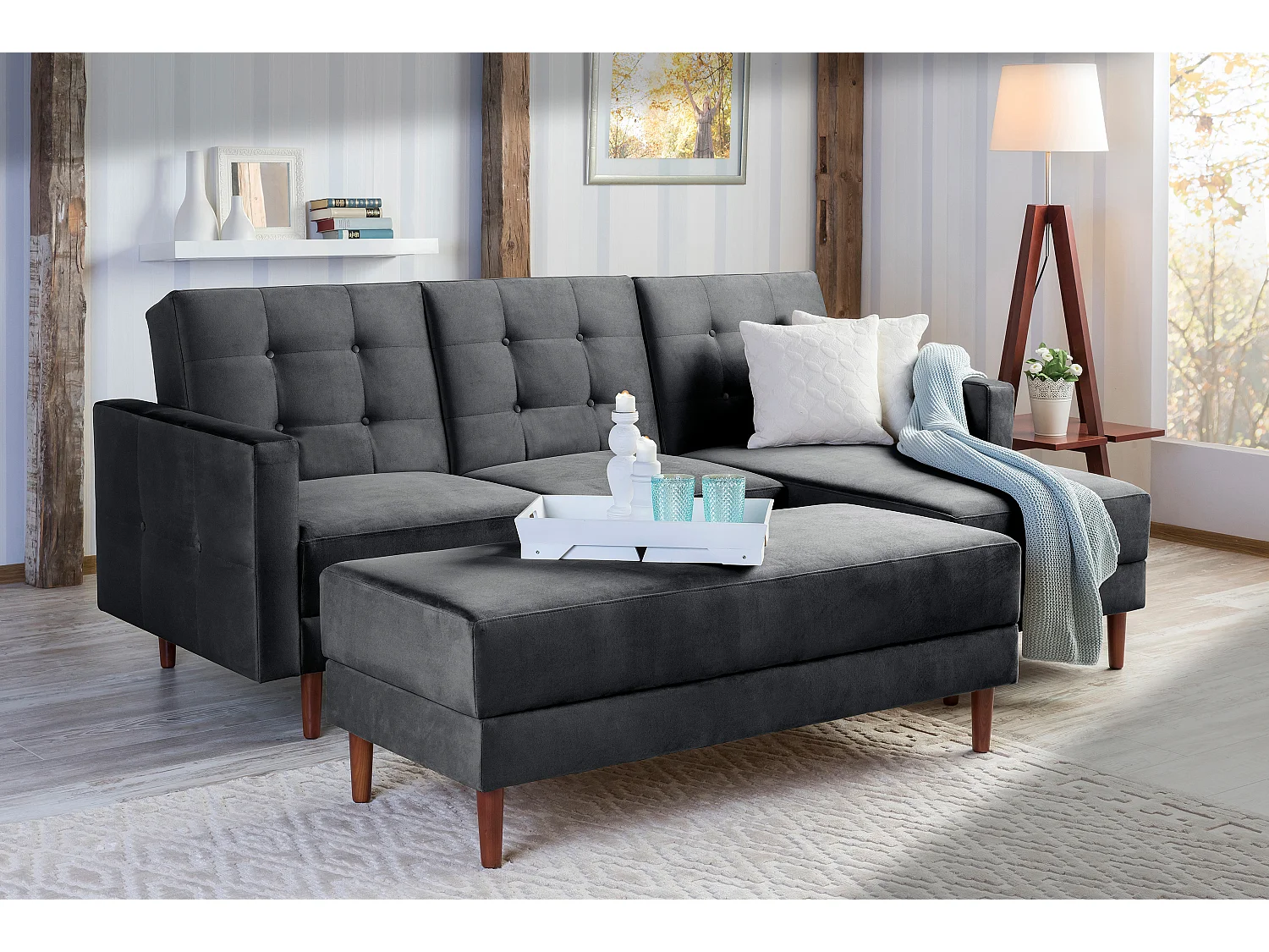 Funktionssofa mit Hocker - Samtvelours - graphit - Easy Relax
