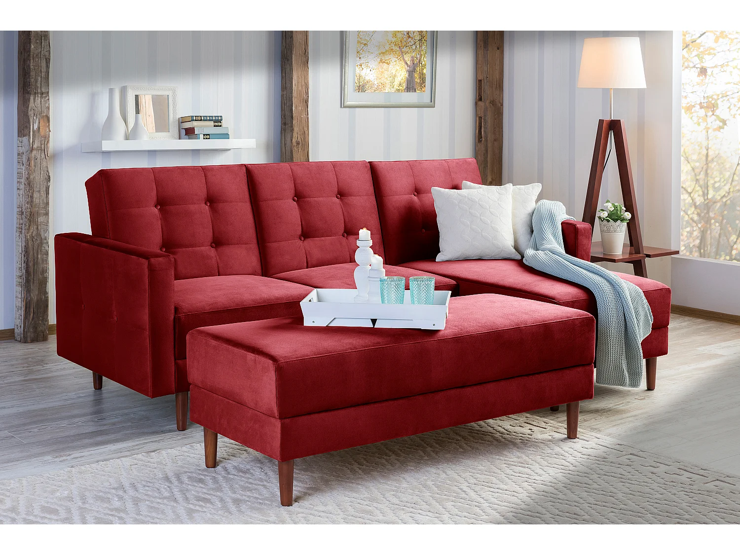 Funktionssofa mit Hocker - Samtvelours - rot - Easy Relax
