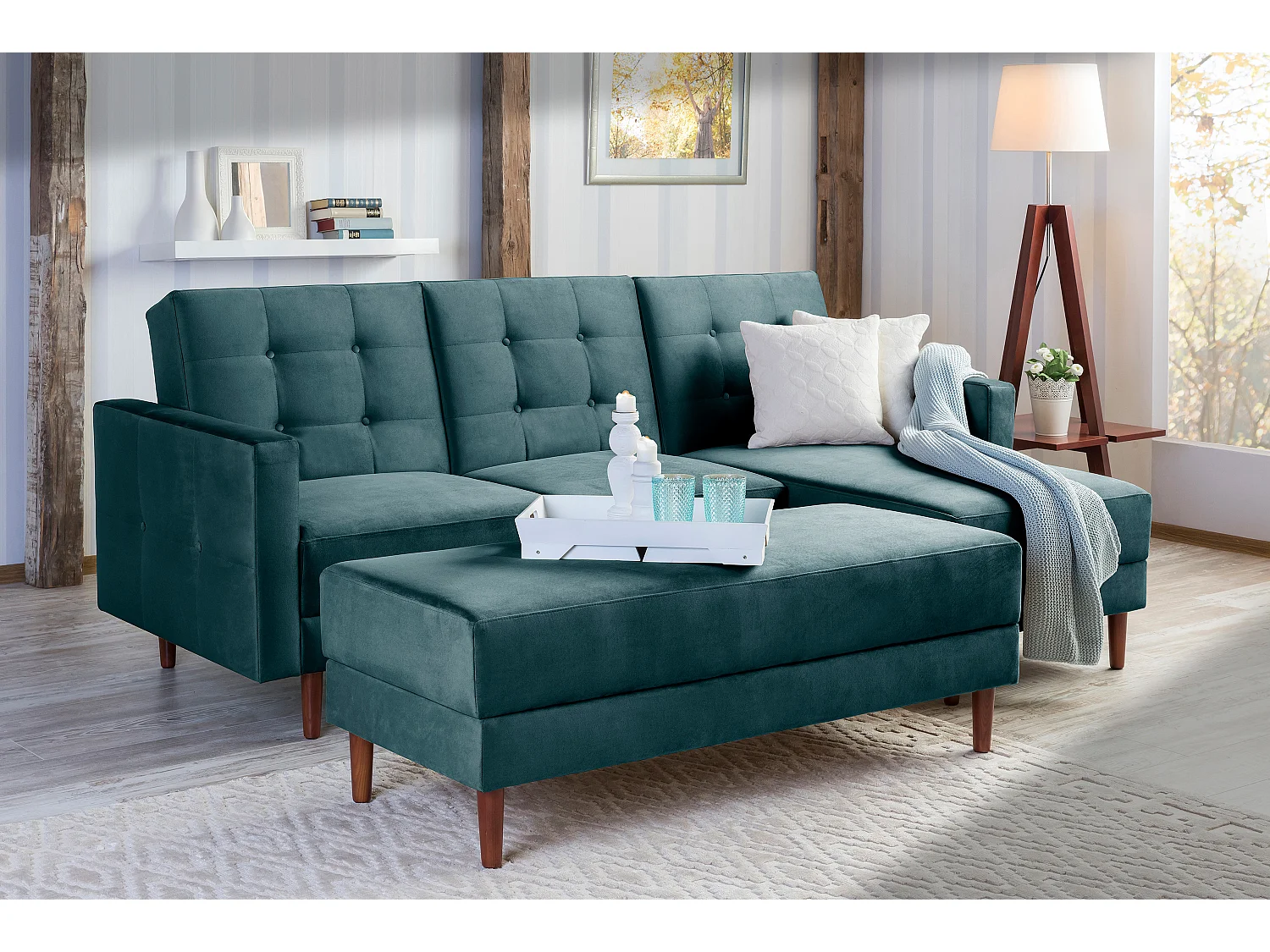 Funktionssofa mit Hocker - Samtvelours - azur - Easy Relax