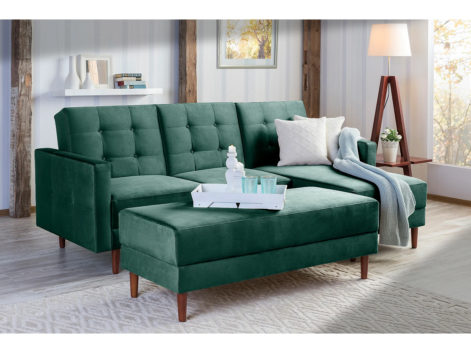 Funktionssofa mit Hocker - Samtvelours - grün - Easy Relax