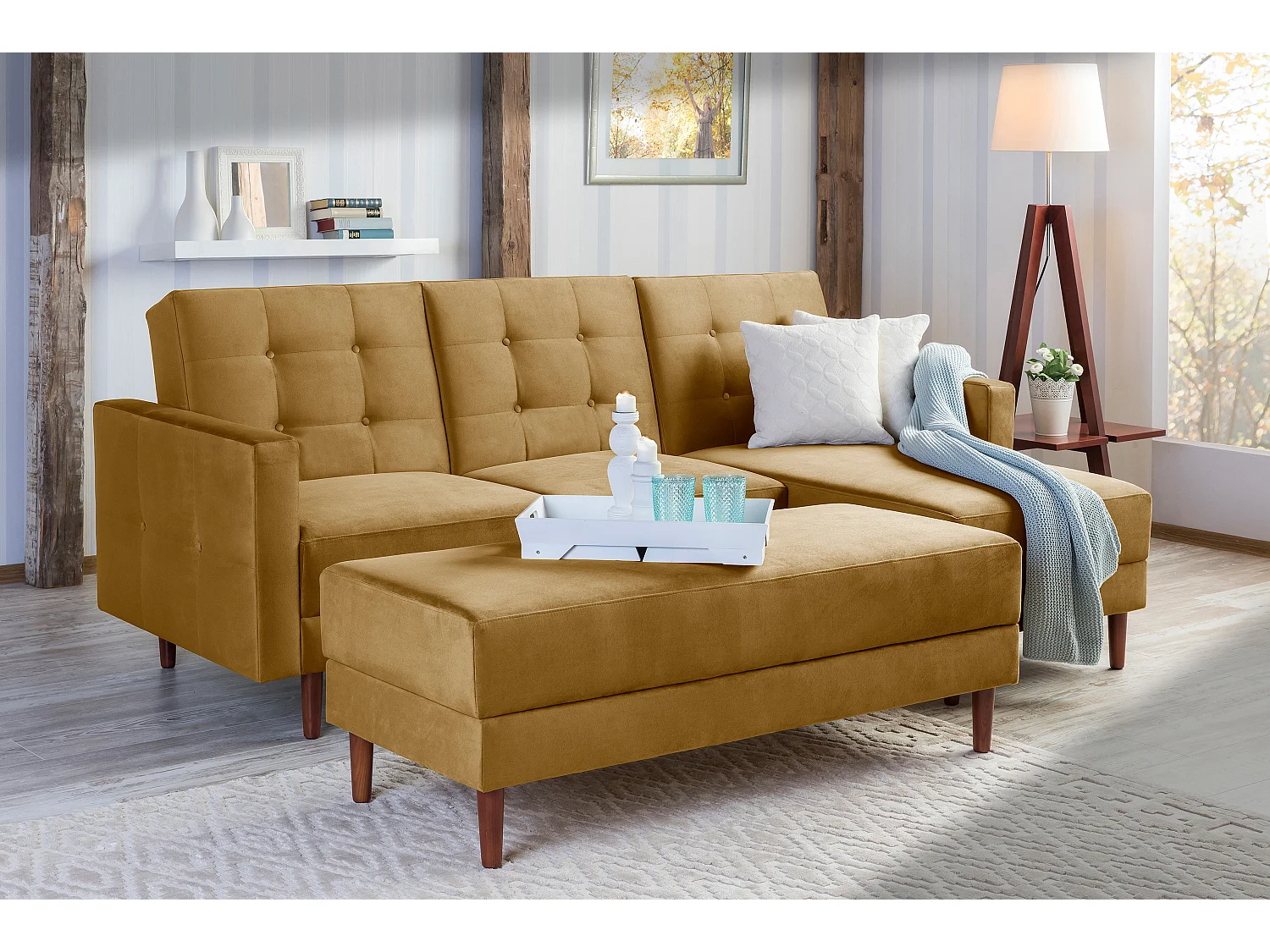 Funktionssofa mit Hocker - Samtvelours - mais - Easy Relax
