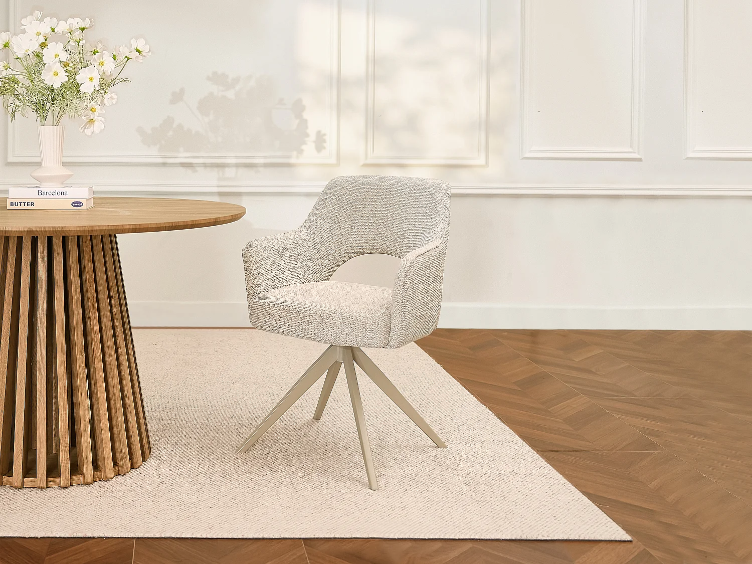 Lot de 6 chaises pivotantes avec accoudoirs en tissu tweed et métal beige - Crème - KONYA