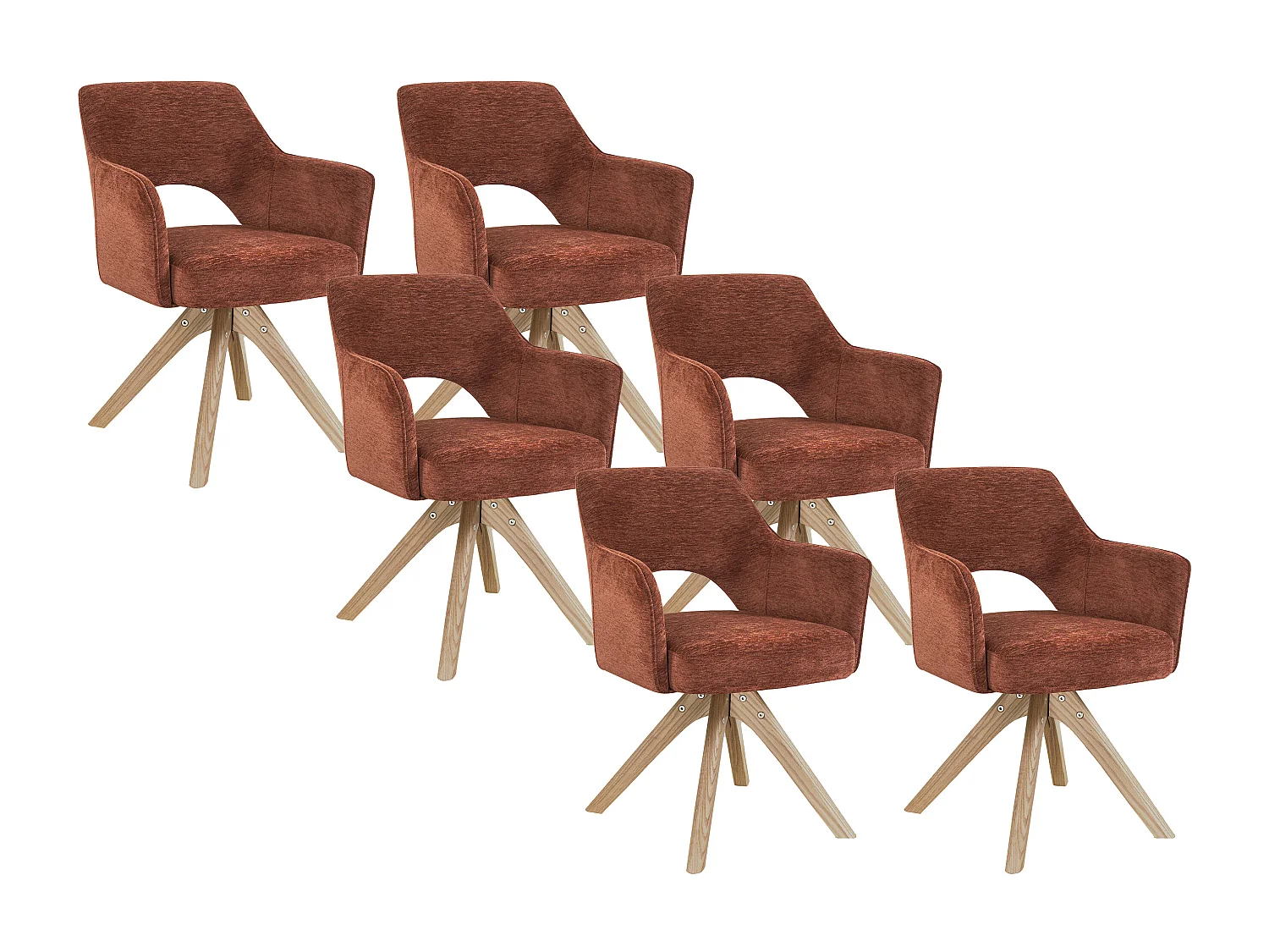 Lot de 6 chaises pivotantes avec accoudoirs en tissu texturé et bois de chêne - Terracotta - KONYA