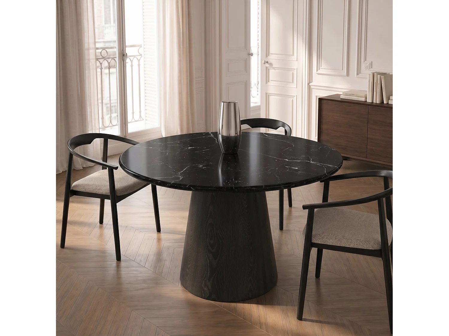 Table à manger VERO en bois contreplaqué et marbre marbre noir et bois noir 120x120cm